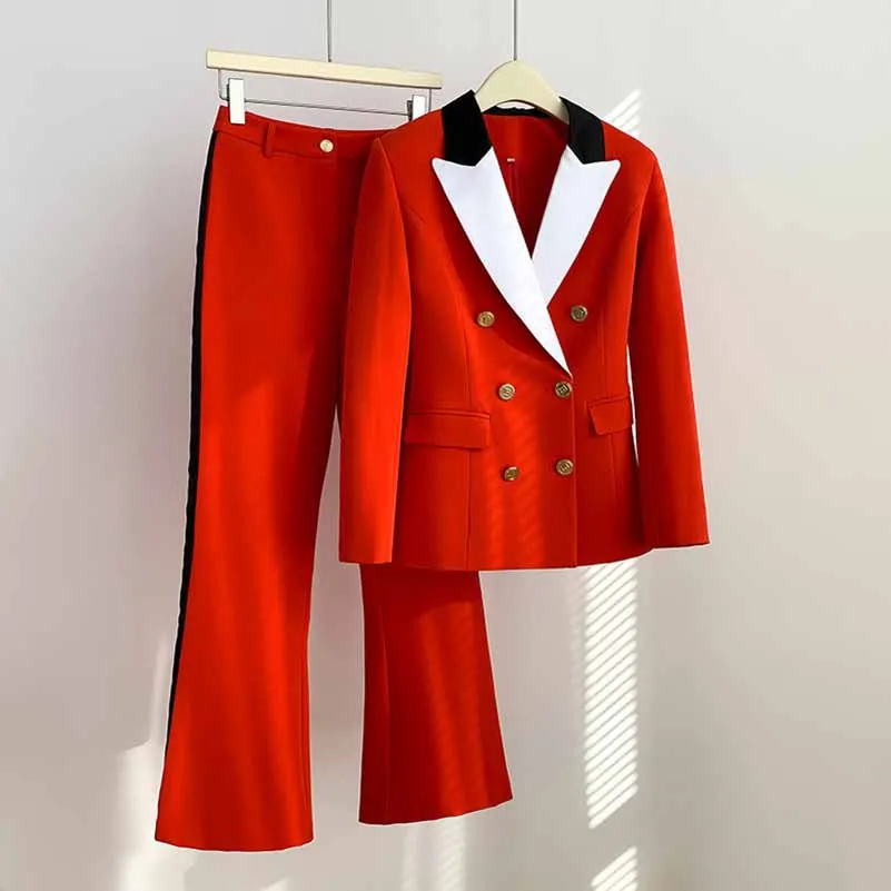 Women red wedding pantsuit white collar One-button Party pant suit