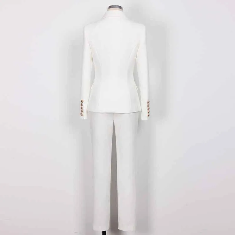 Women's Belted Pant Suit White Double Beasted Two Piece Business Set