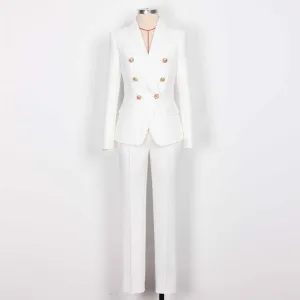 Women's Belted Pant Suit White Double Beasted Two Piece Business Set