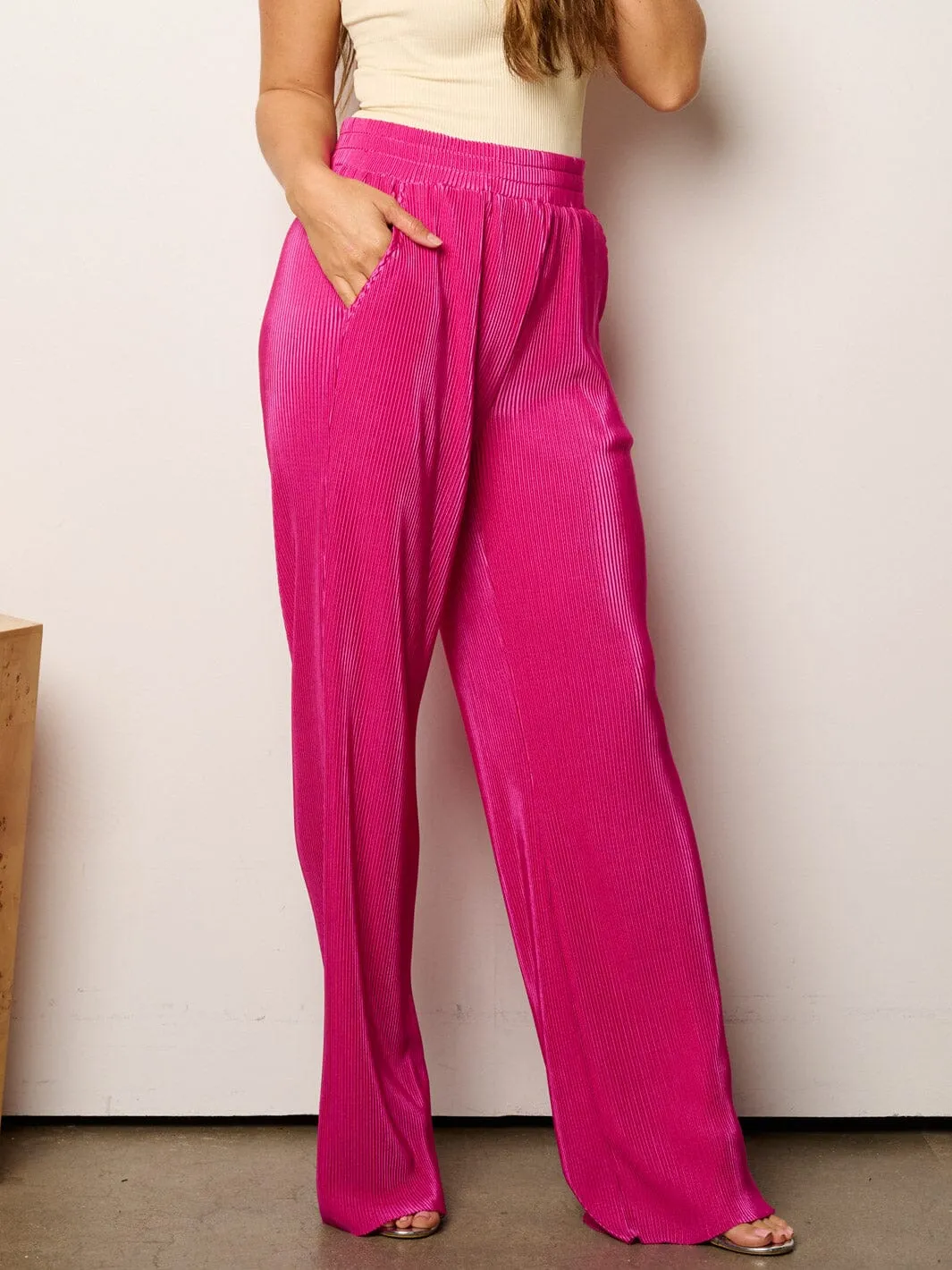 WOMEN'S ELASTIC WAIST WIDE LEG PLEATED PANTS