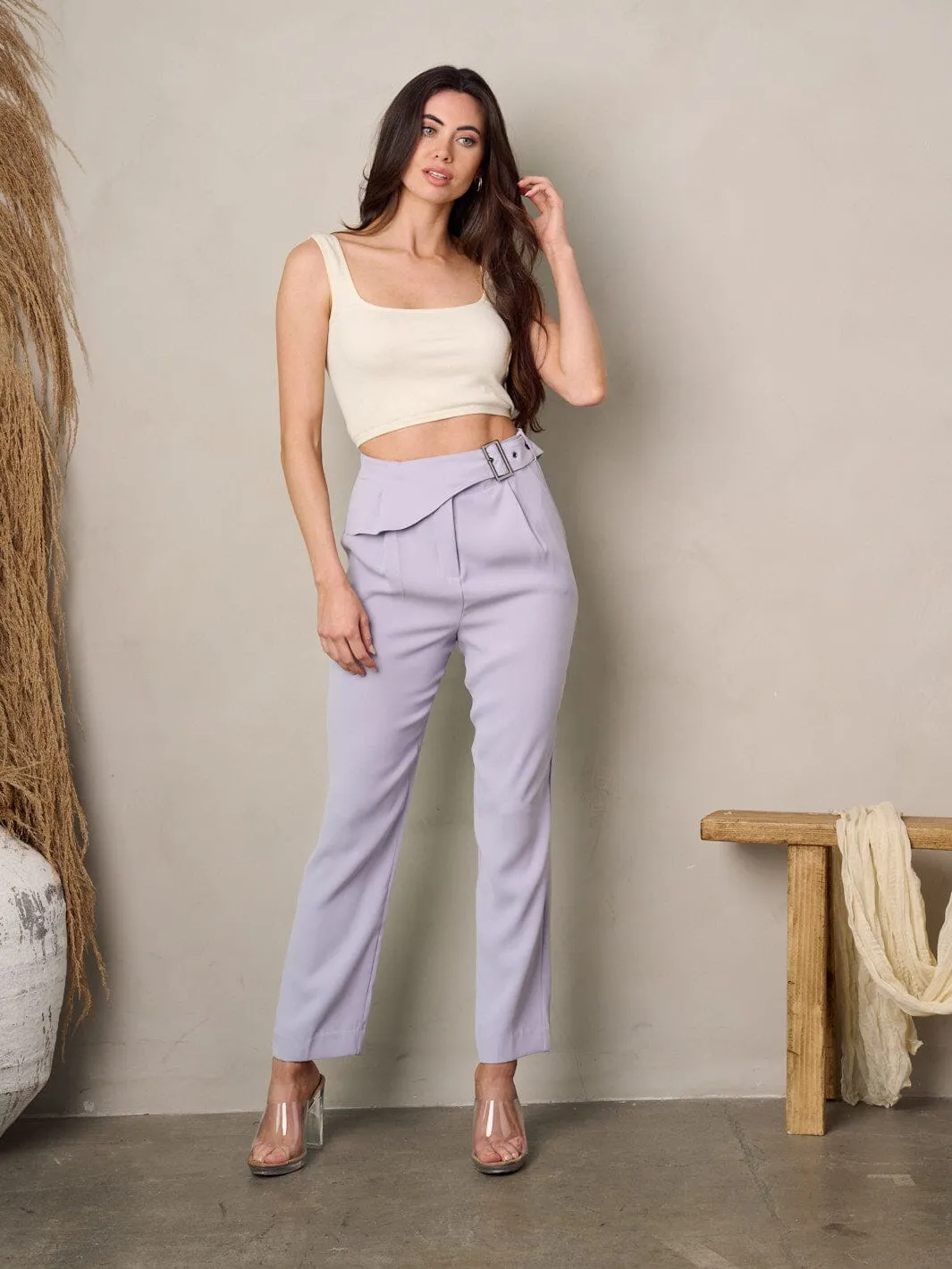 WOMEN'S FRONT BELT POCKETS PLEATED PANTS