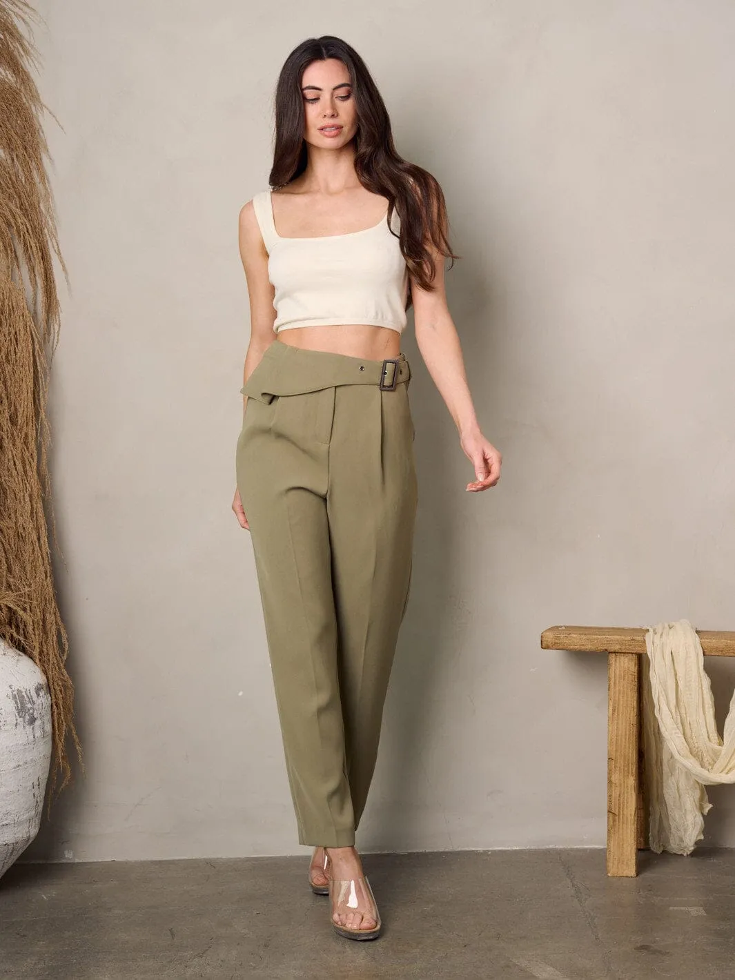 WOMEN'S FRONT BELT POCKETS PLEATED PANTS