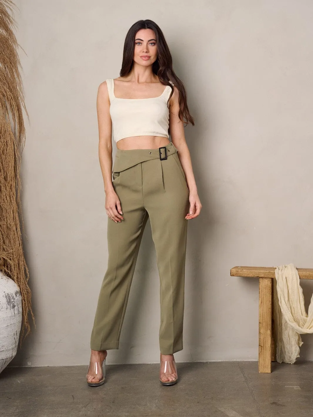WOMEN'S FRONT BELT POCKETS PLEATED PANTS