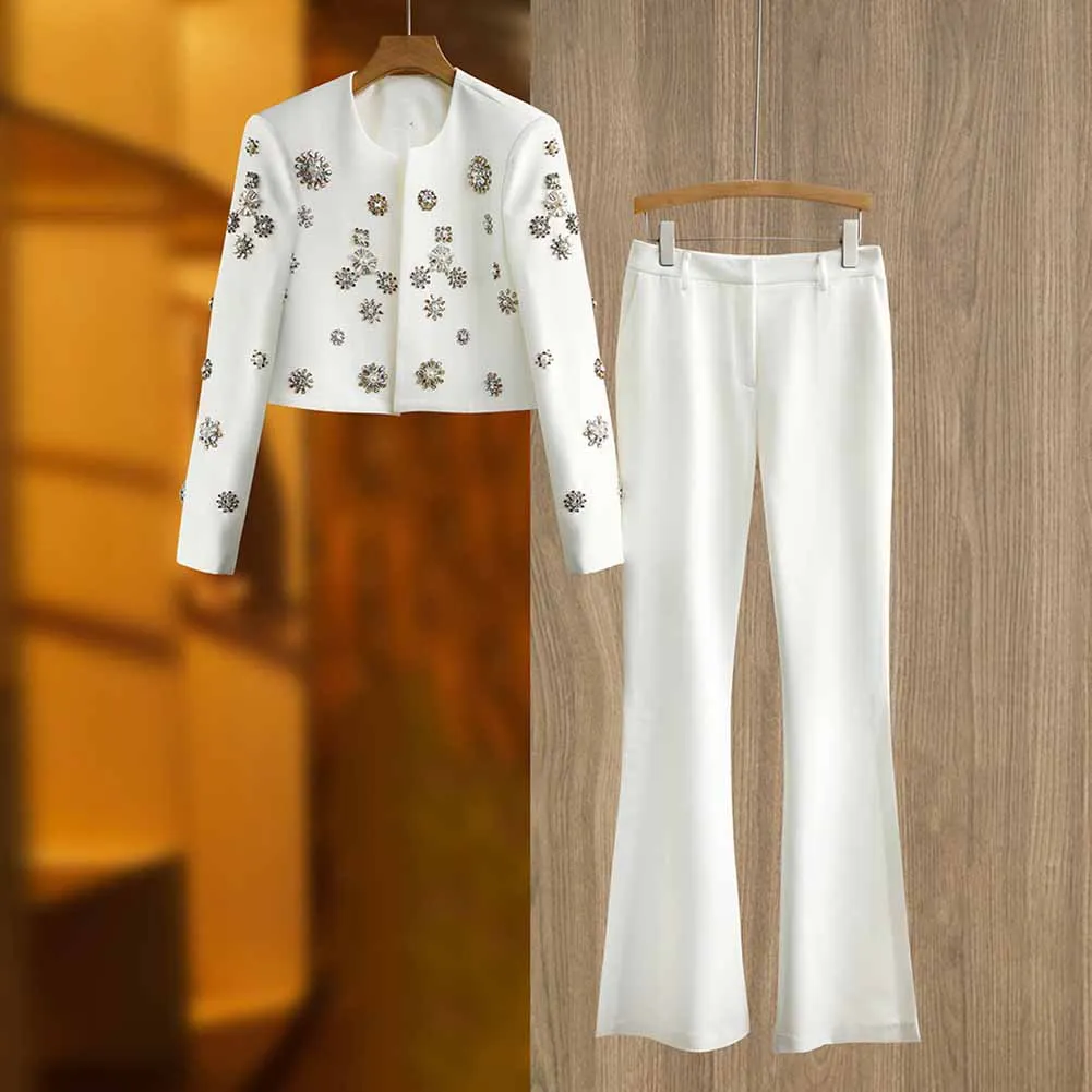 Women's Pantsuit Long Sleeves Crystal Pearl Blazer Set Pantsuit