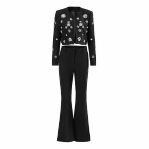 Women's Pantsuit Long Sleeves Crystal Pearl Blazer Set Pantsuit