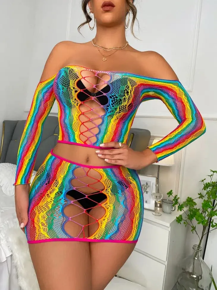 Women's Rainbow Off Shoulders Fishnet Mini Skirt Set (Bikini NOT Included)