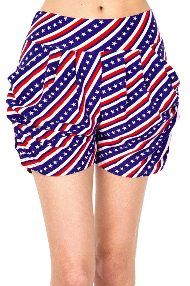 Women’s Regular American Flag Diagonal Printed Pleated Pockets Harem Shorts