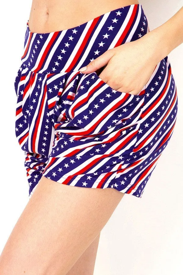 Women’s Regular American Flag Diagonal Printed Pleated Pockets Harem Shorts