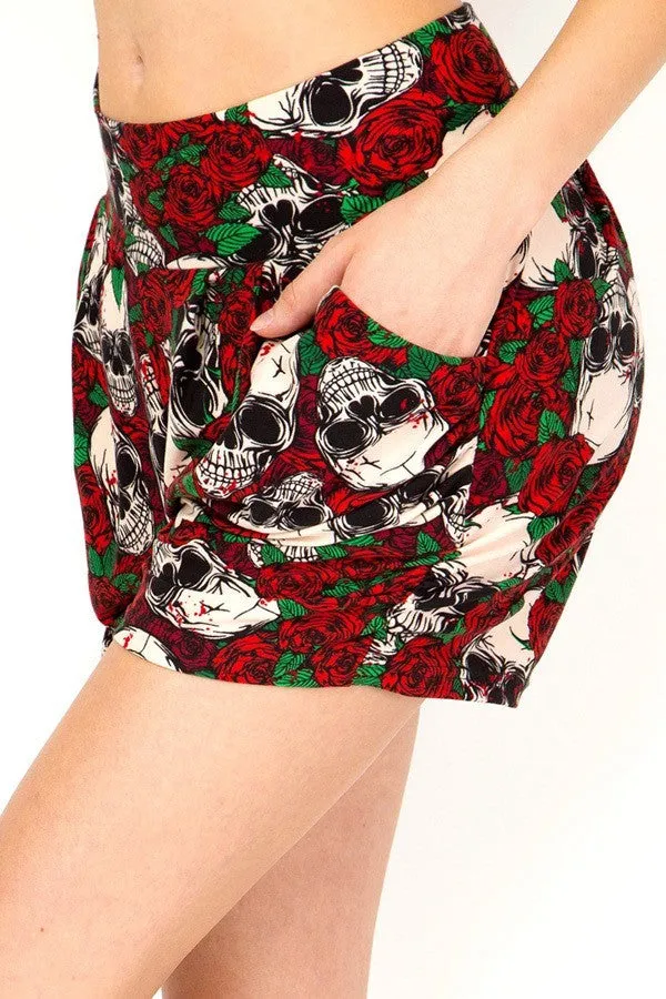 Women’s Regular Floral Skull Printed Pleated Pockets Harem Shorts