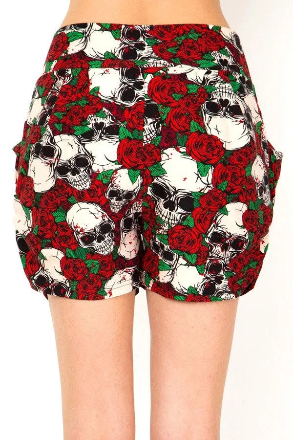 Women’s Regular Floral Skull Printed Pleated Pockets Harem Shorts