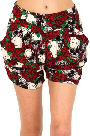 Women’s Regular Floral Skull Printed Pleated Pockets Harem Shorts