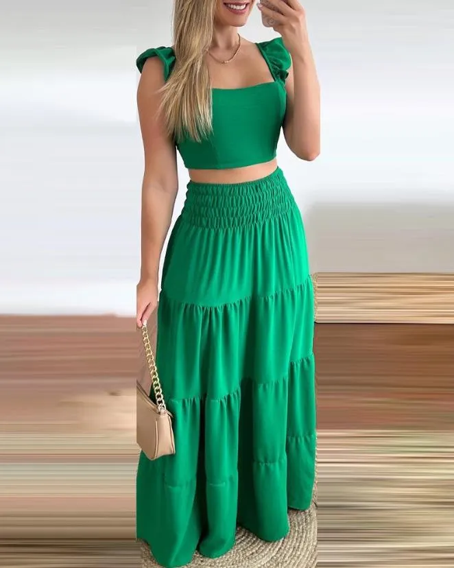 Womens Two Peice Sets Tied Detail Ruffle Hem Crop Top & Shirred Maxi Skirt Set New Fashion 2023 Summer Casual Vacation Suit