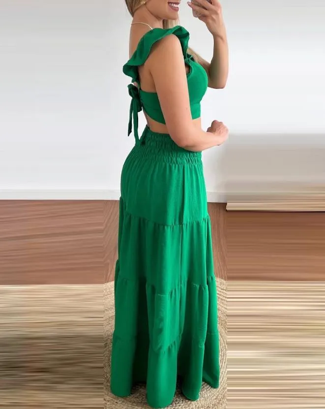 Womens Two Peice Sets Tied Detail Ruffle Hem Crop Top & Shirred Maxi Skirt Set New Fashion 2023 Summer Casual Vacation Suit
