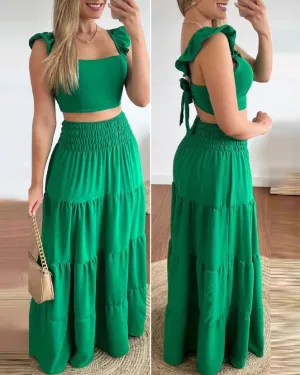 Womens Two Peice Sets Tied Detail Ruffle Hem Crop Top & Shirred Maxi Skirt Set New Fashion 2023 Summer Casual Vacation Suit