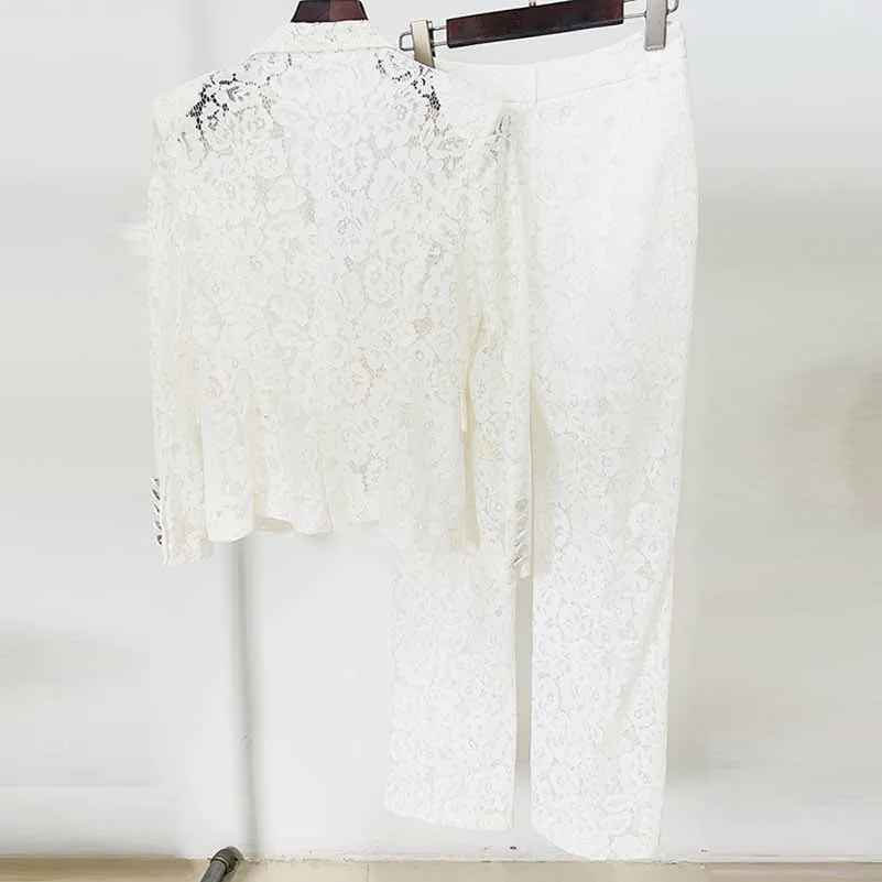 Women's White Lace Blazer Pantsuit Two Pieces Wedding Suit Formal Pantsuit