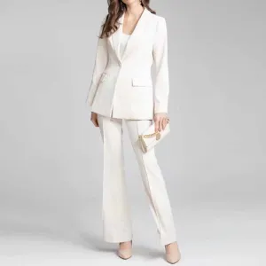 Women's white two pieces pants set flare bottoms pantsuit