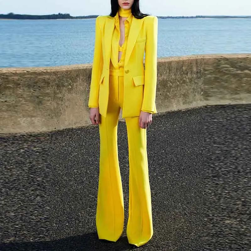 Women's Yellow Pantsuit Blazer High Waisted Flare Pants Suit Wedding Pantsuit