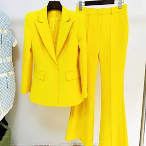 Women's Yellow Pantsuit Blazer High Waisted Flare Pants Suit Wedding Pantsuit