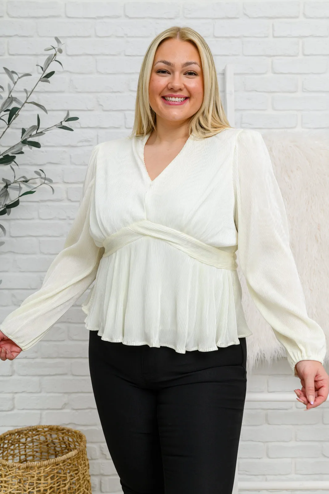 Xanidu Long Sleeve V-Neck Blouse - White, Peplum Style, Balloon Sleeves, Plissé Fabric