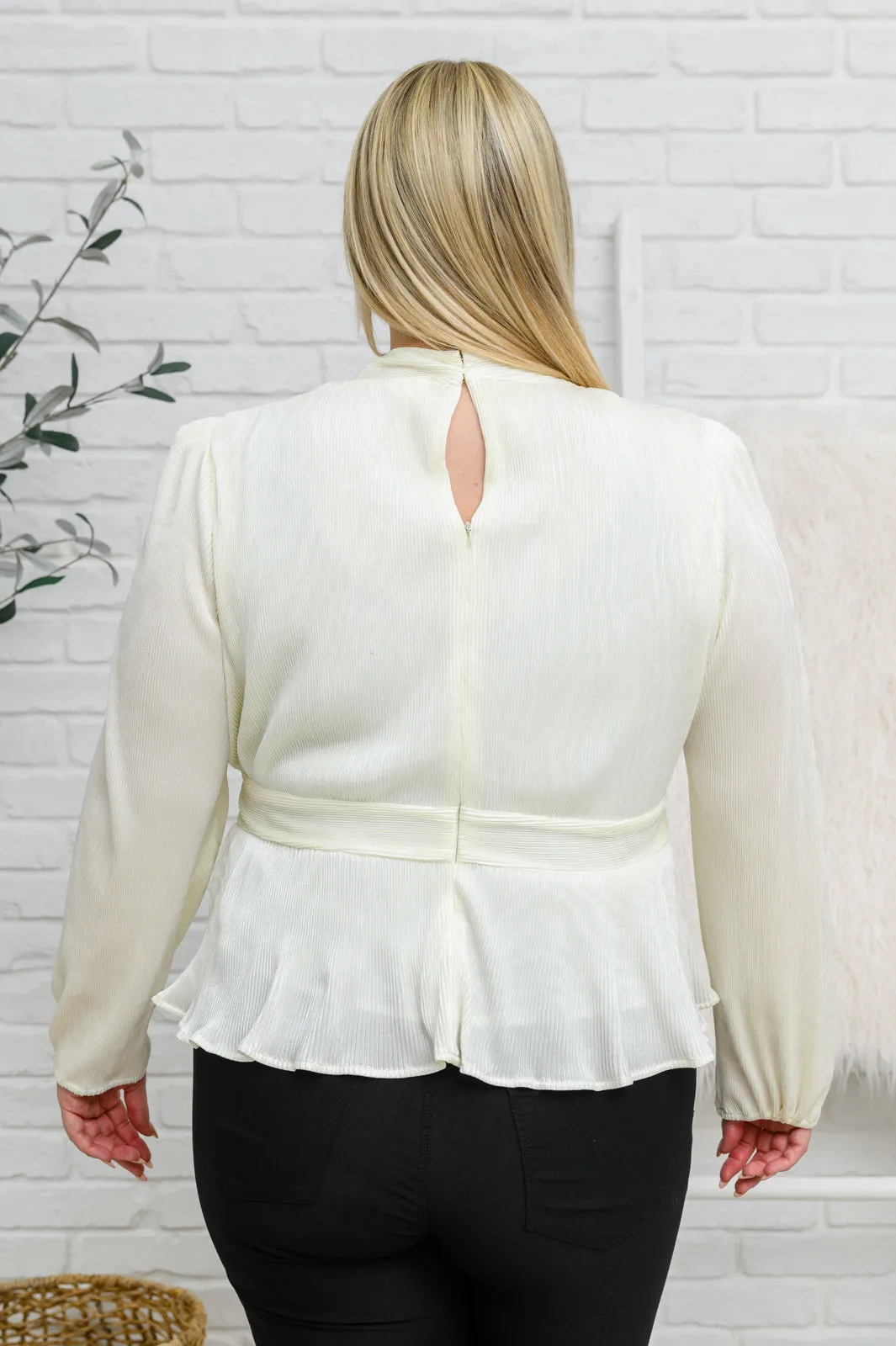 Xanidu Long Sleeve V-Neck Blouse - White, Peplum Style, Balloon Sleeves, Plissé Fabric