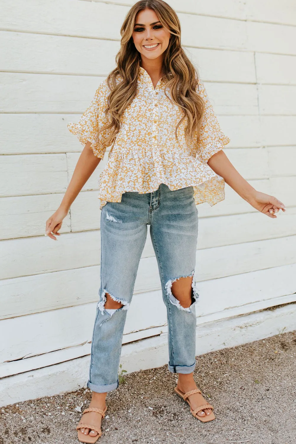Yellow Floral Short Sleeve Collared Buttons Ruffled Peplum Blouse
