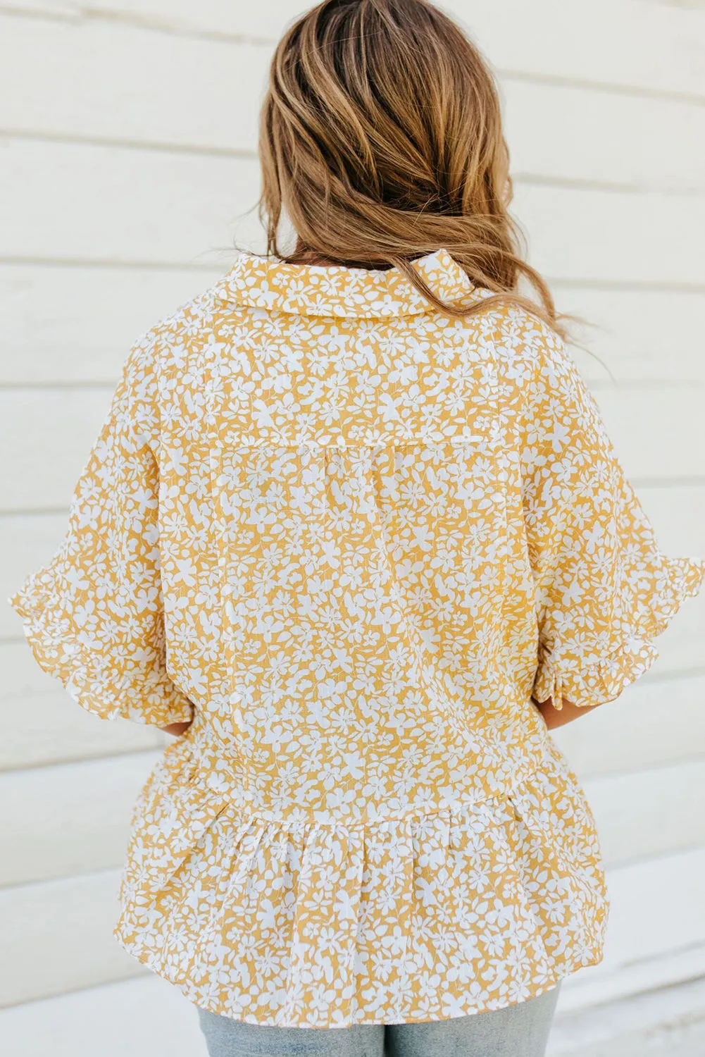 Yellow Floral Short Sleeve Collared Buttons Ruffled Peplum Blouse
