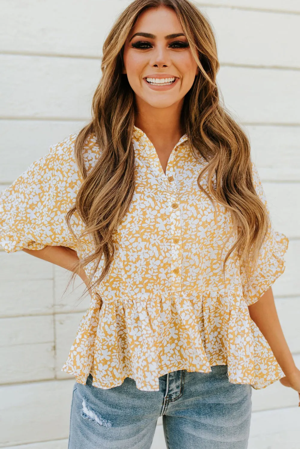 Yellow Floral Short Sleeve Collared Buttons Ruffled Peplum Blouse