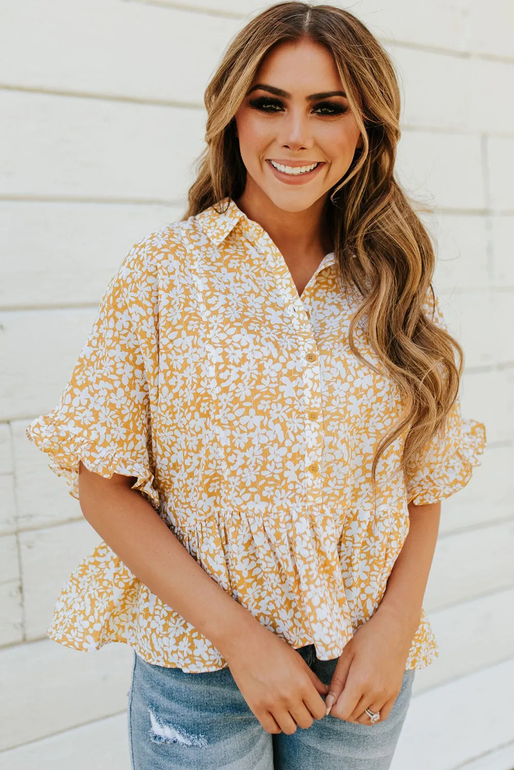 Yellow Floral Short Sleeve Collared Buttons Ruffled Peplum Blouse