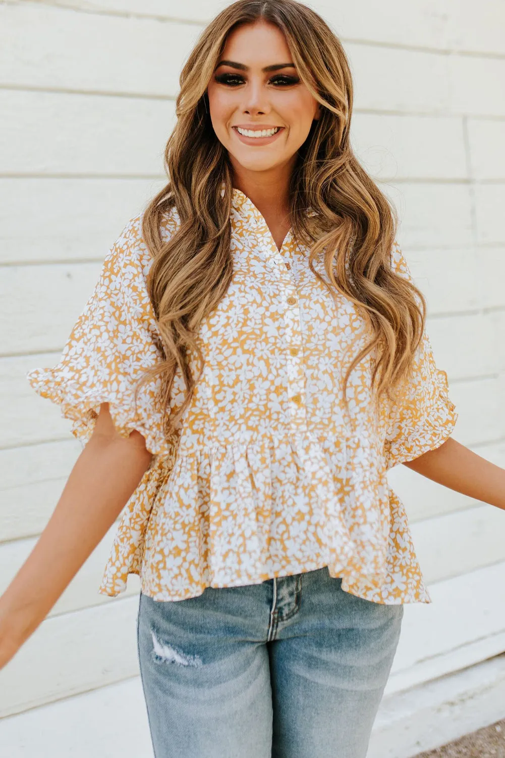 Yellow Floral Short Sleeve Collared Buttons Ruffled Peplum Blouse