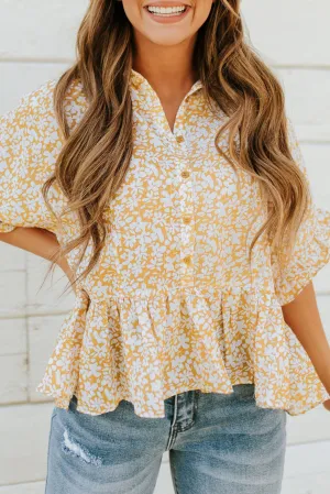 Yellow Floral Short Sleeve Collared Buttons Ruffled Peplum Blouse