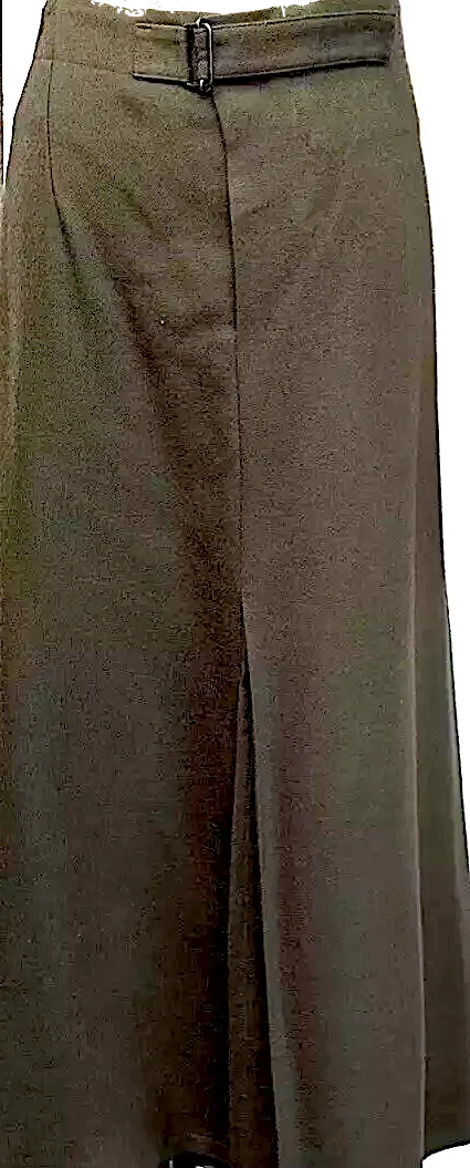 Yohji Yamamoto Japan. Olive Green Wool Skirt, Front Pleat, Belted, Maxi Length