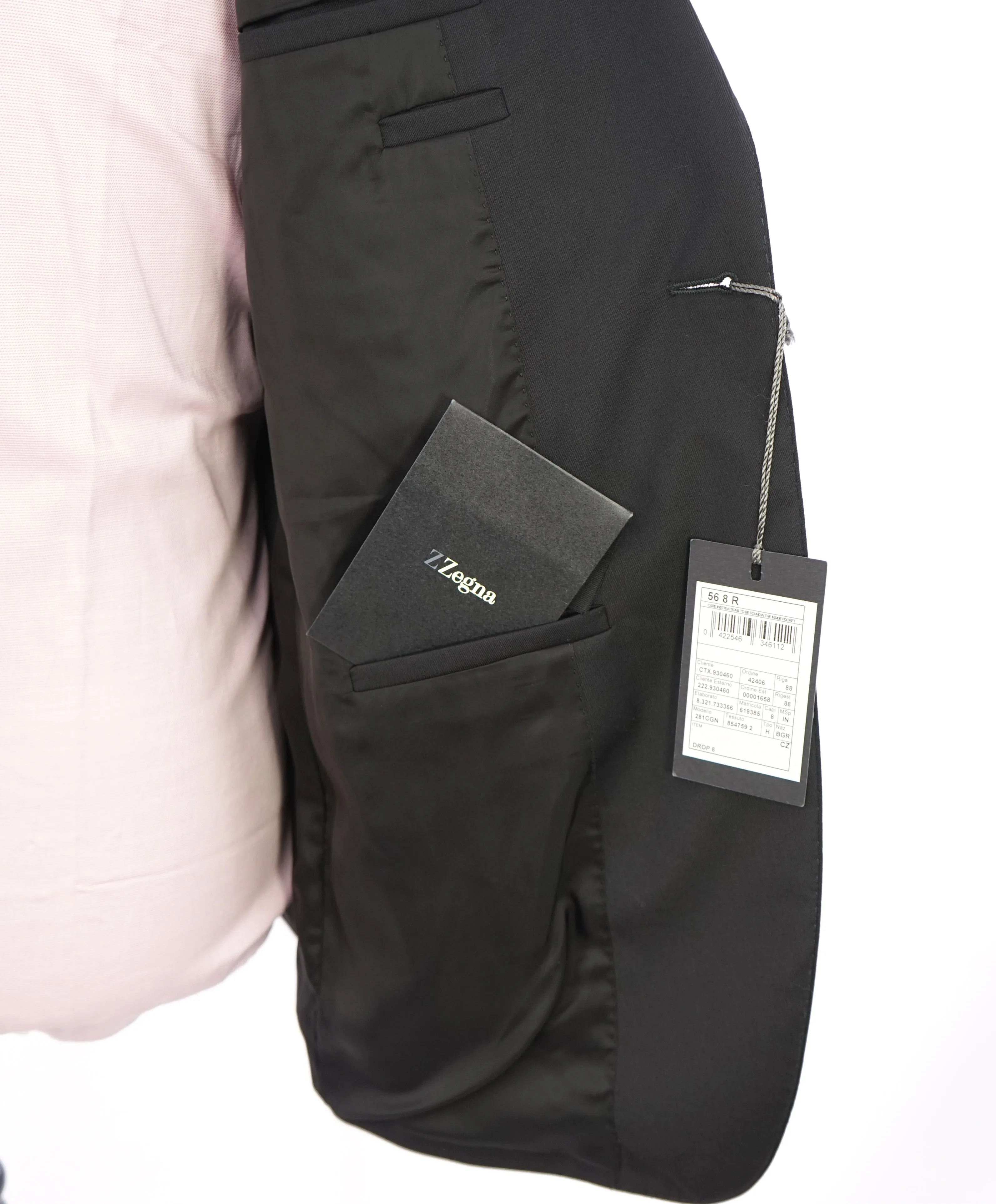 Z ZEGNA - Solid Black Fabric *CLOSET STAPLE* Drop 8 Wool Suit - 46R