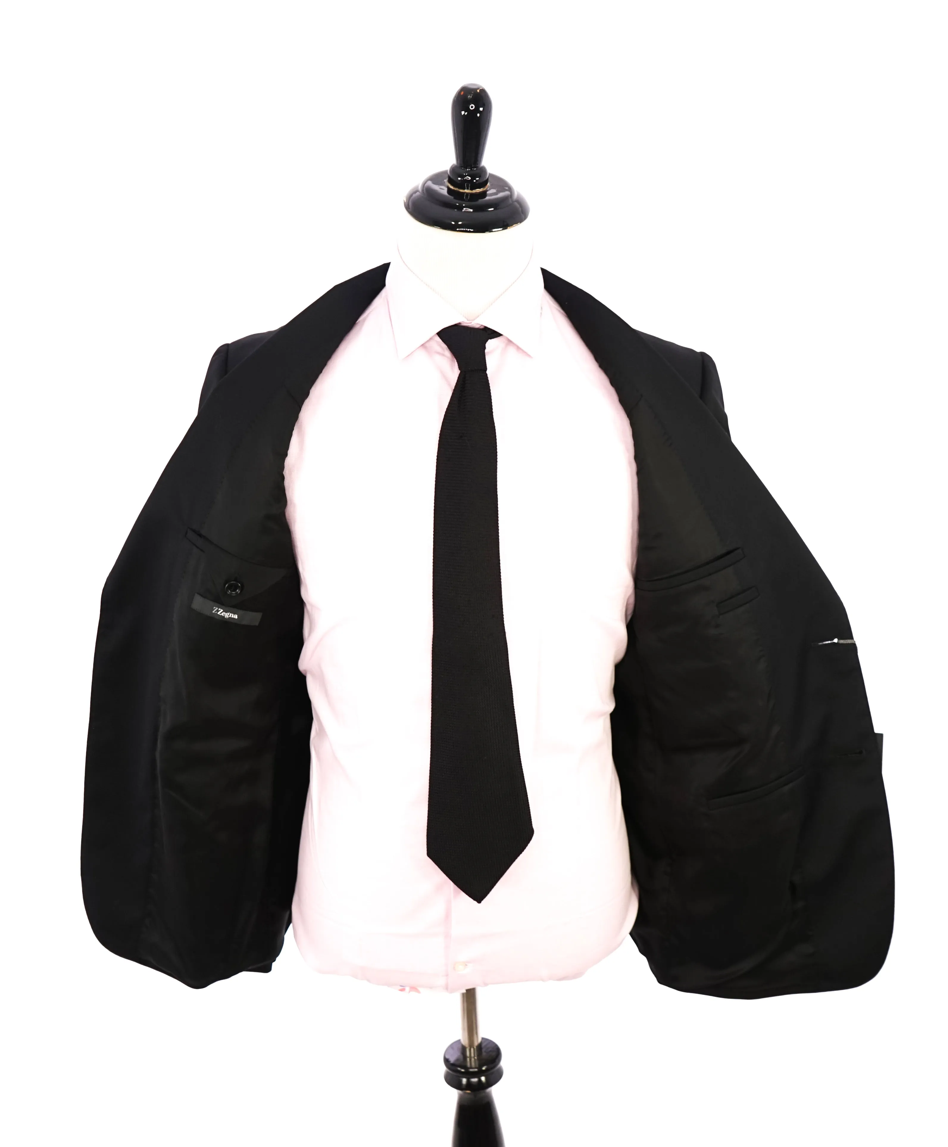 Z ZEGNA - Solid Black Fabric *CLOSET STAPLE* Drop 8 Wool Suit - 46R