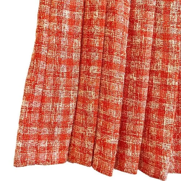 Zara Orange and White Check Tweed Box Pleat High Waist Mini Skirt Size Small NWT