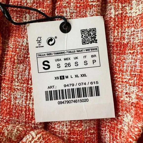 Zara Orange and White Check Tweed Box Pleat High Waist Mini Skirt Size Small NWT