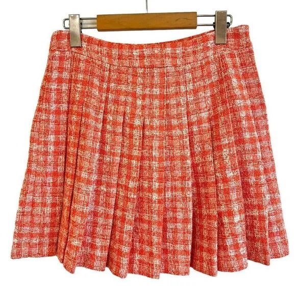 Zara Orange and White Check Tweed Box Pleat High Waist Mini Skirt Size Small NWT