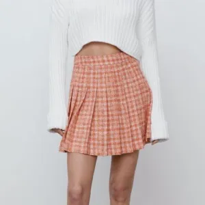 Zara Orange and White Check Tweed Box Pleat High Waist Mini Skirt Size Small NWT