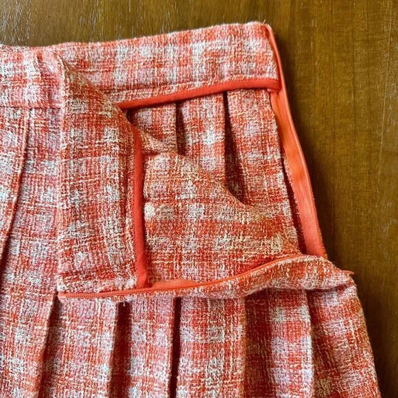 Zara Orange and White Check Tweed Box Pleat High Waist Mini Skirt Size Small NWT