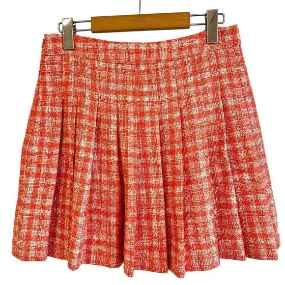 Zara Orange and White Check Tweed Box Pleat High Waist Mini Skirt Size Small NWT