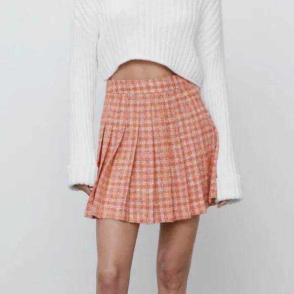 Zara Orange and White Check Tweed Box Pleat High Waist Mini Skirt Size Small NWT